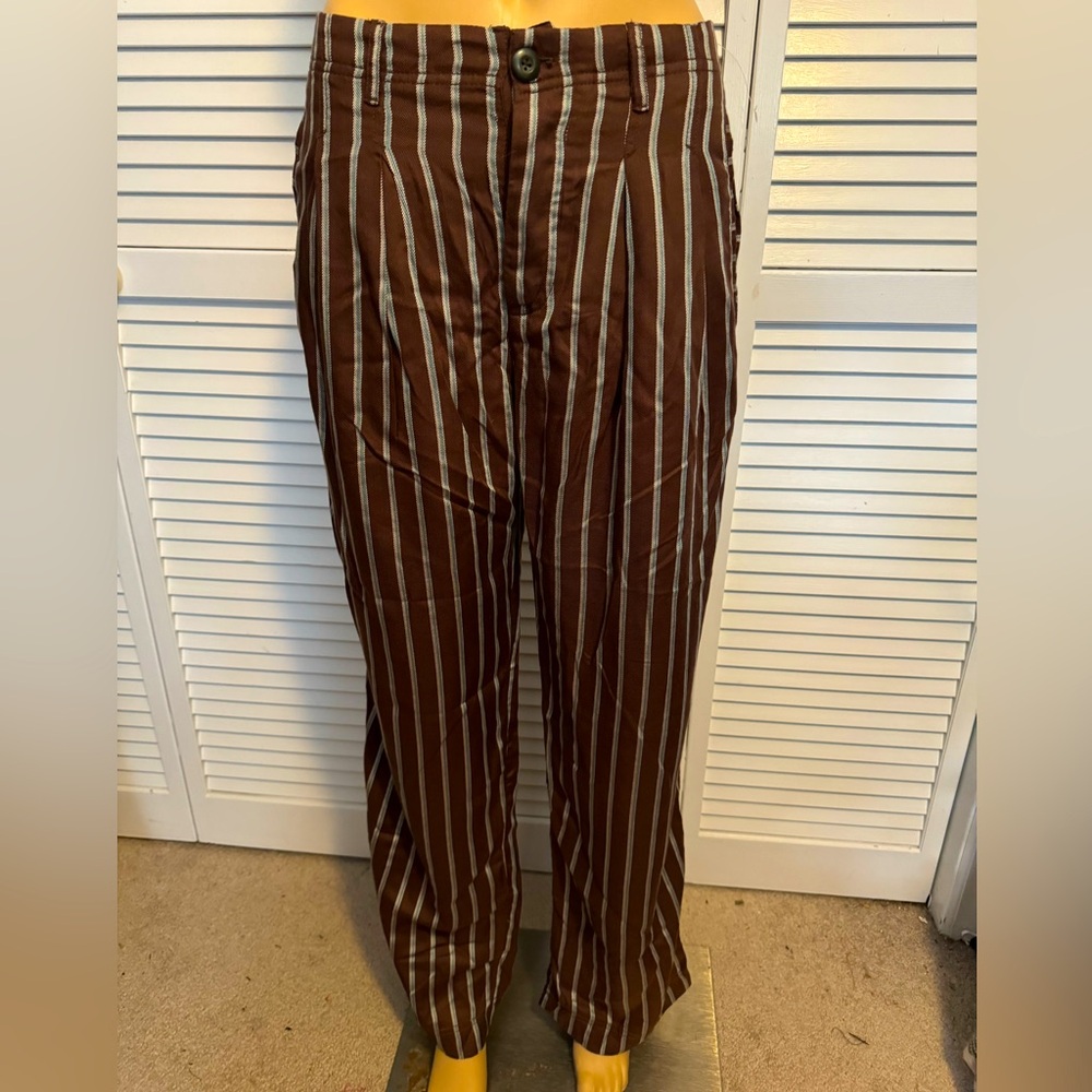 SALE Cool Free People size S brown blue white stripe button fly pants NWOT